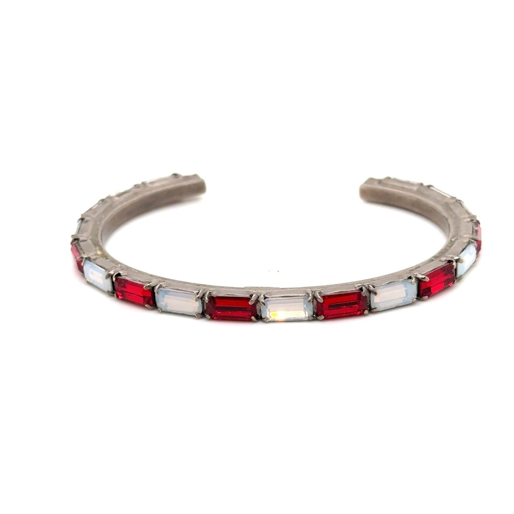 Sorrelli Red Ruby and White Opal Baguette Crystal Cuff Bracelet Antique Silver